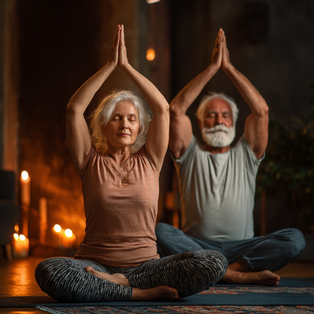 Peaceful middle-aged Ukrainian woman practicing yoga in serene outdoor setting with gentle smile and relaxed posture